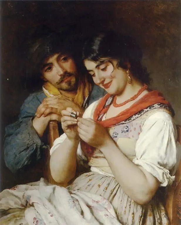 Painting of Eugene de Blaas woman is sewing by hand
