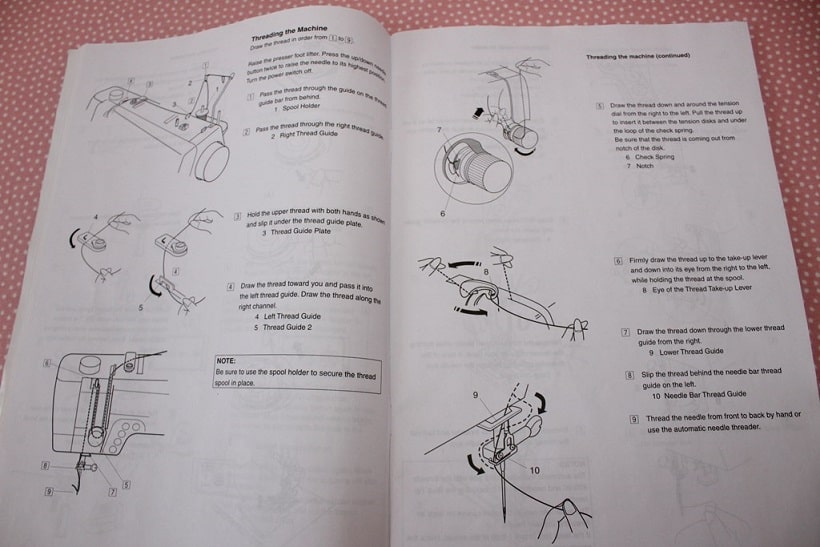 The manual for my sewing machine has very detailed instructions about threading the machine.