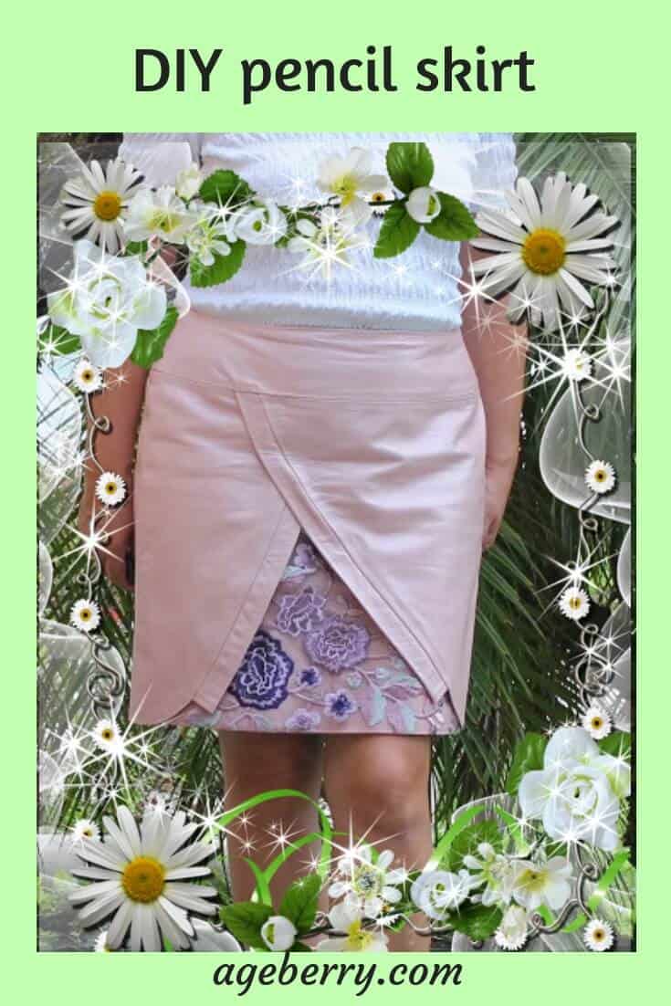 DIY pencil skirt from pink leather with silk lining and lace embellishment.