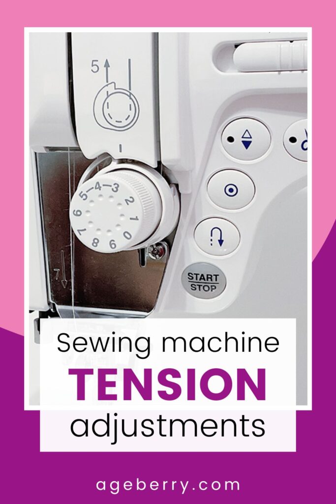A detailed view of a sewing machine's tension dial and control buttons, with overlay text in a modern pink and white box. The text reads, "Sewing Machine Tension Adjustments," with "TENSION" emphasized in bold pink letters. The background is a combination of soft pink and purple, and the website "ageberry.com" is displayed at the bottom.