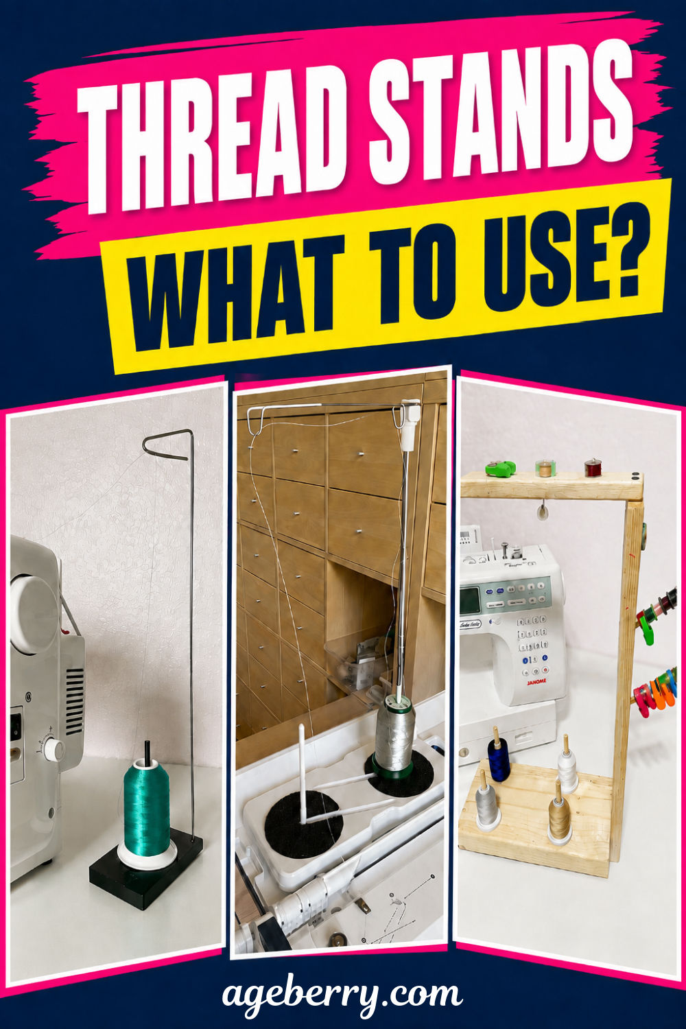 Separate, built-in, and homemade wooden thread stands shown beside sewing machines with large thread cones and regular spools.