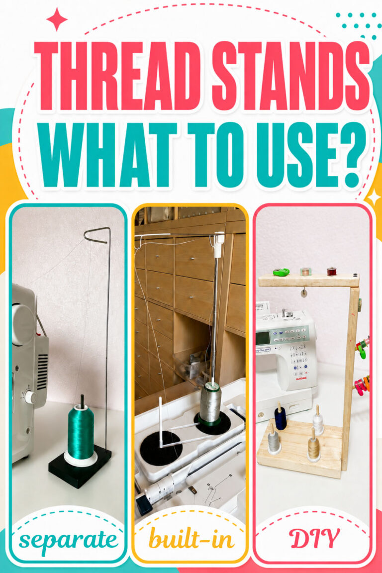 Three sewing thread stand options: a separate stand with a green cone, a built-in stand with a silver cone, and a homemade wooden stand holding several spools.