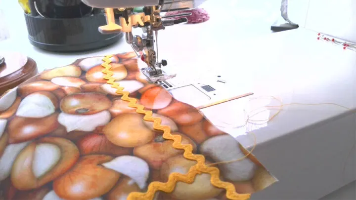 Once the Ric-Rac is securely glued in place, sew it onto the apron using a straight stitch. 