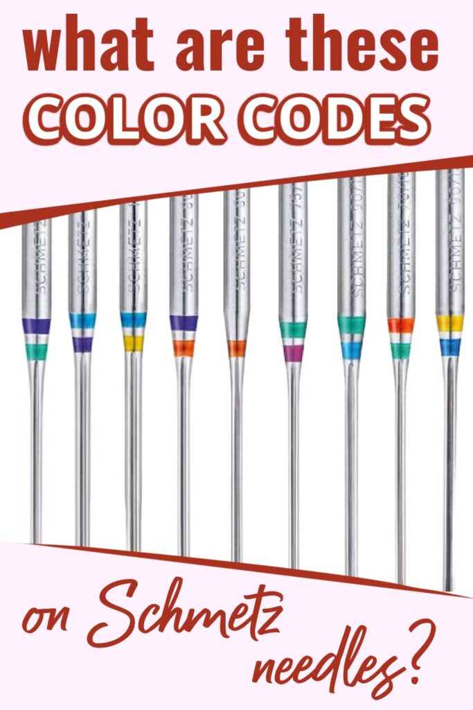 Image showing a row of Schmetz sewing machine needles, each featuring two colored bands near the top. The text above the needles reads, "What are these COLOR CODES", while the text below asks, "on Schmetz needles?" The design suggests a guide or explanation about the Schmetz needle color-coding system.