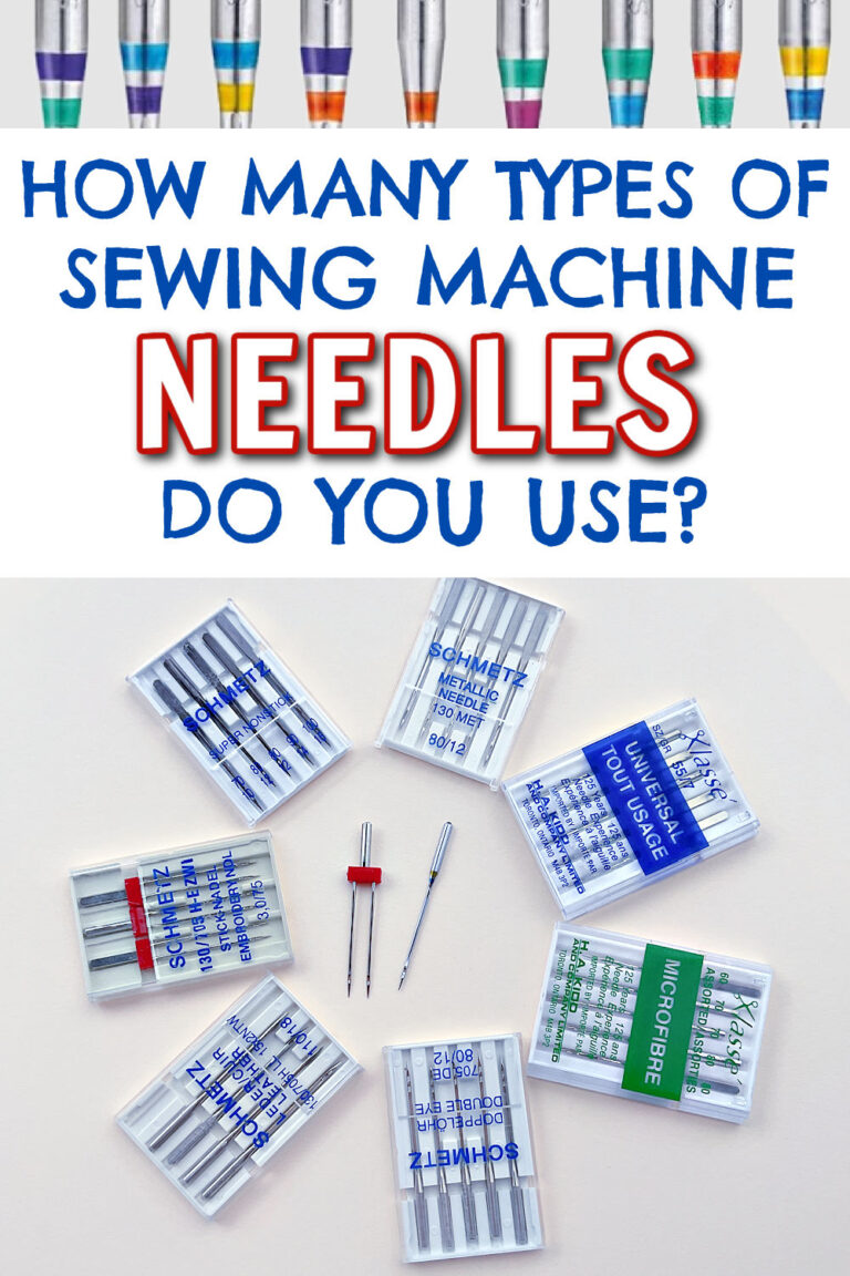 Image featuring a variety of Schmetz sewing machine needle packs arranged in a circular pattern on a white background. Two loose needles, including a twin needle, are placed in the center. The top of the image displays a row of sewing machine needles with different color bands. The bold text reads: "HOW MANY TYPES OF SEWING MACHINE NEEDLES DO YOU USE?" suggesting a discussion or quiz about different needle types and their uses.