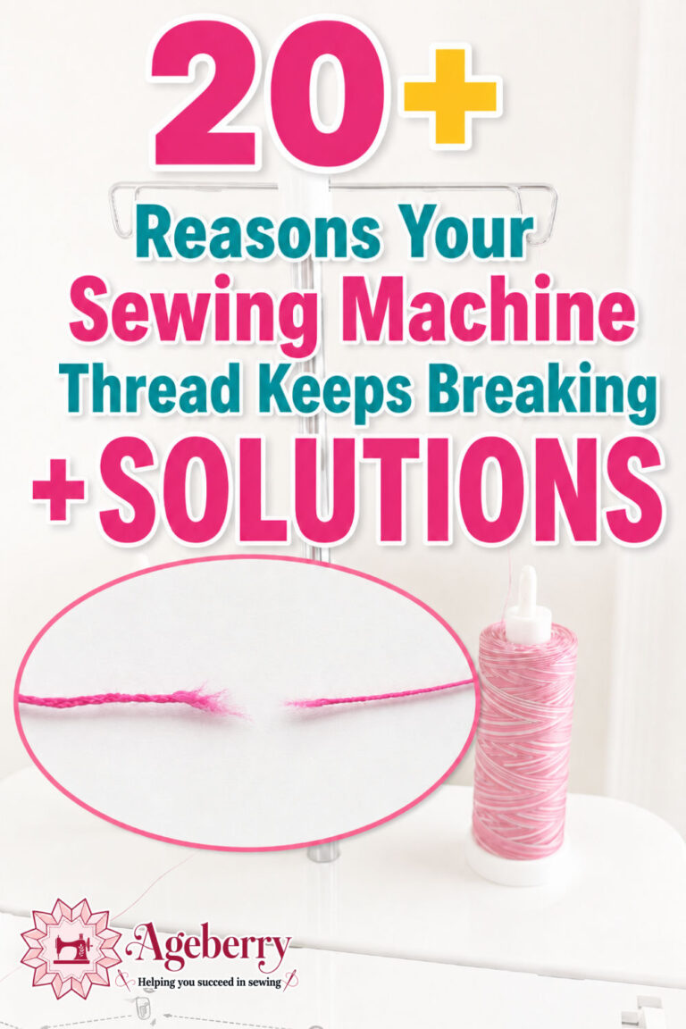 Bright sewing machine thread graphic with large pink and teal text, pink thread spool, and broken thread close-up reading: “20+ Reasons Your Sewing Machine Thread Keeps Breaking + Solutions.”