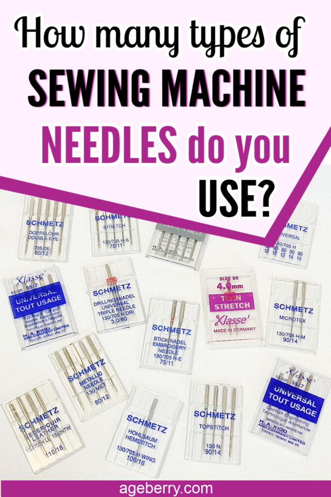 A collection of various sewing machine needle packs, including universal, stretch, and embroidery types, displayed on a white surface. The text overlay reads, “How many types of sewing machine needles do you use?” encouraging sewists to learn about the different options available.