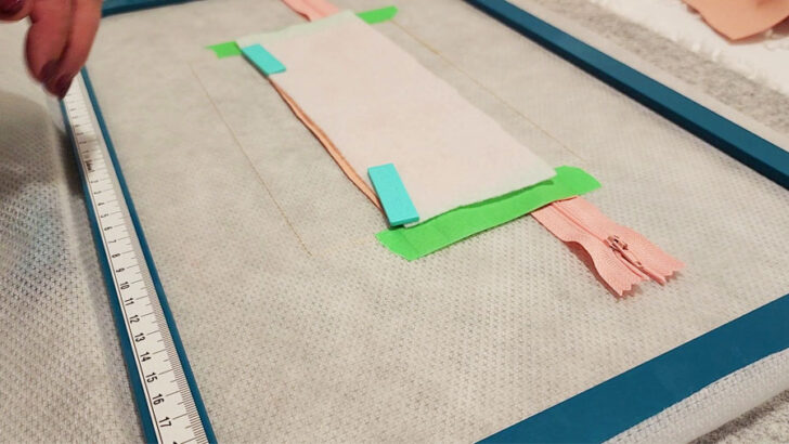  use tape or SewTitles to hold the fabric and batting in place