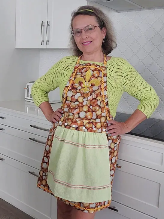 I am wearing an apron I made from quilting cotton