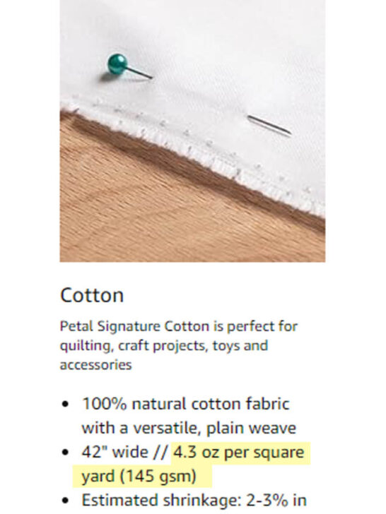 Screenshot of a description of Spoonflower quilting cotton fabric