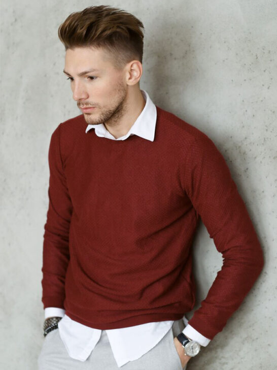 man wearing a sweater with collared shirt
