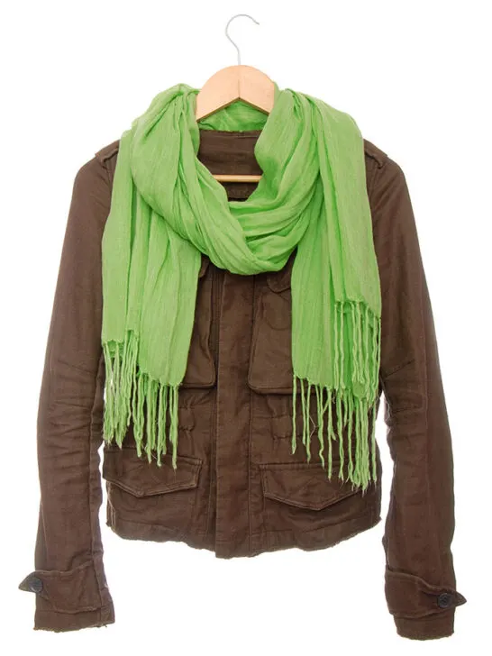 brown jacket with green scarf