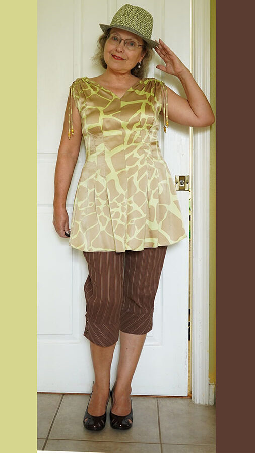 green tunic that I made from 100% silk charmeuse and brown pants