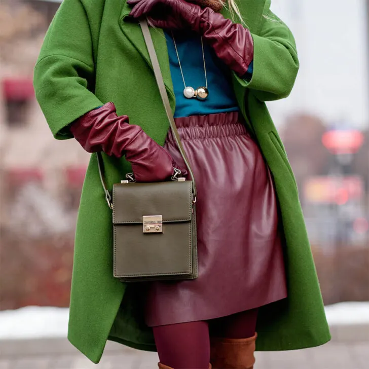 lime green jacket with brown leather skirt
