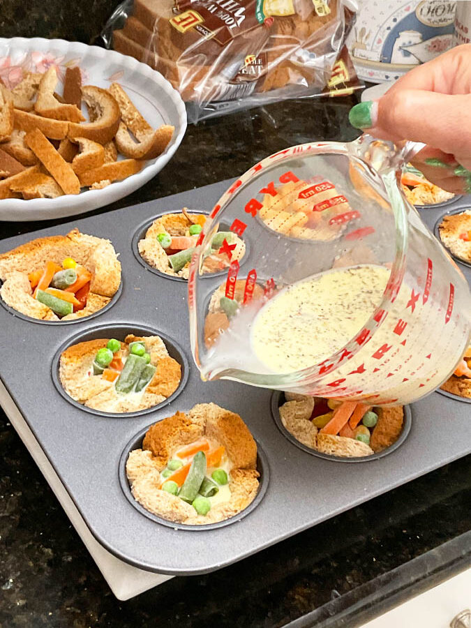 pour egg mixture on the veggie