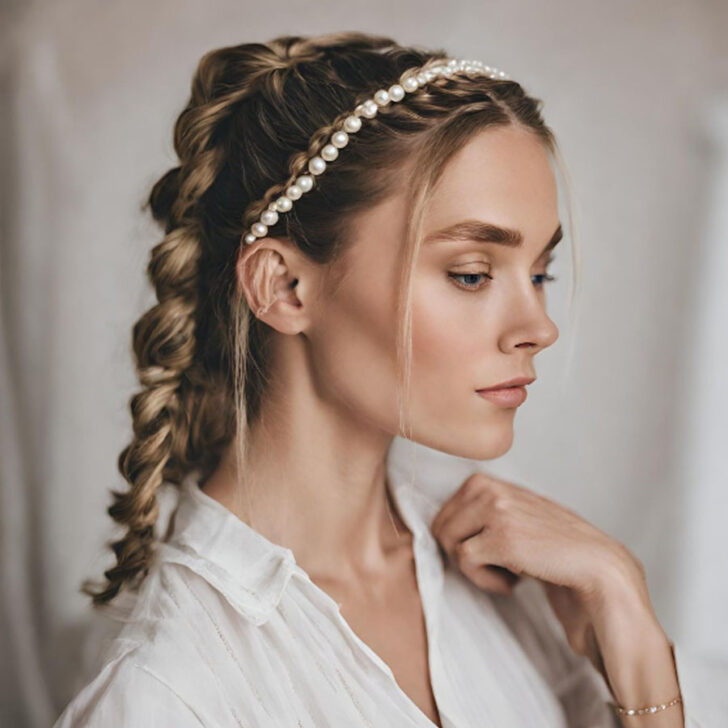 woman in braid wearing a pearl headband