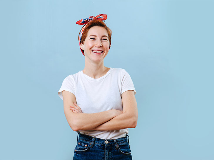 woman with short hair wearing a headband