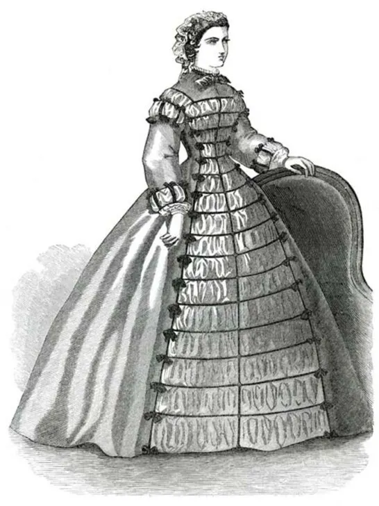 beautiful Victorian-era dress with ruching in the middl