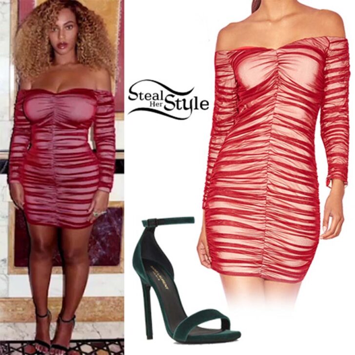 off-the-shoulder red ruched dress that Beyonce wore