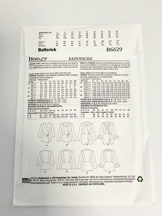 sewing pattern envelope back details