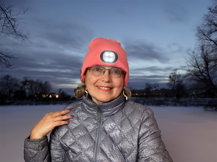 me wearing a LED light beanie