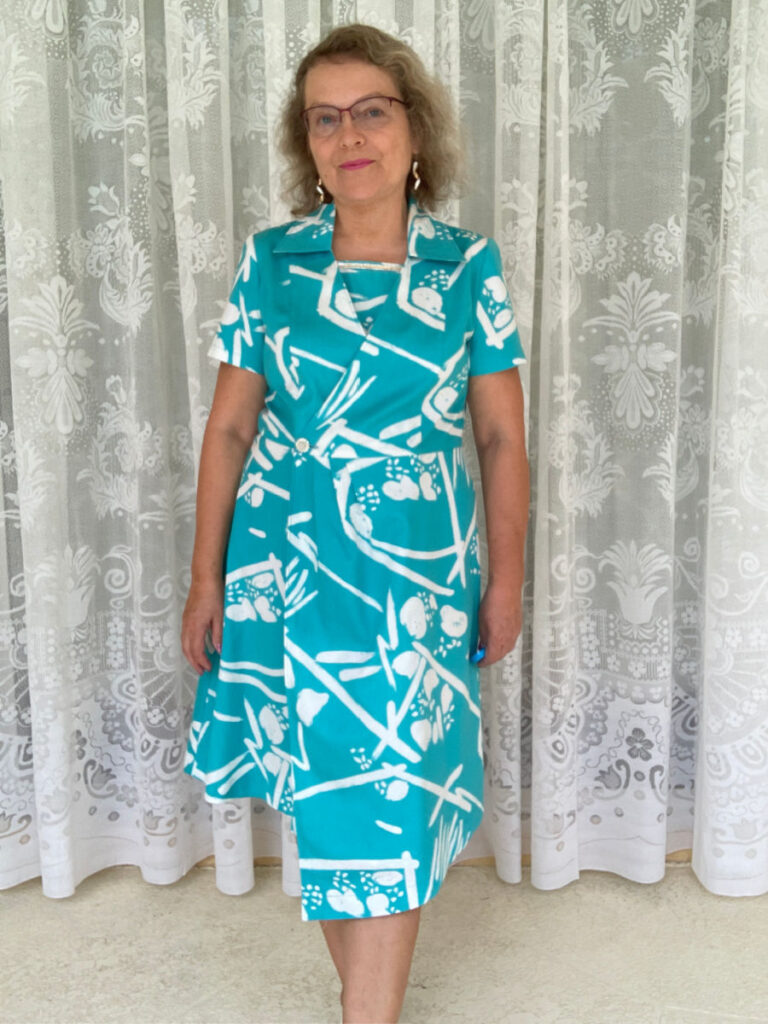 Blue wrap dress I made with a modesty panel