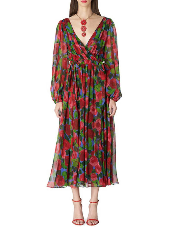 Carolina Herrera Floral Silk V-Neck Midi-Dress