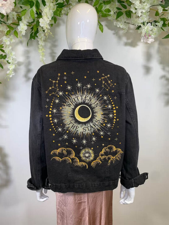 Celestial Zodiac Embroidered black jean jacket