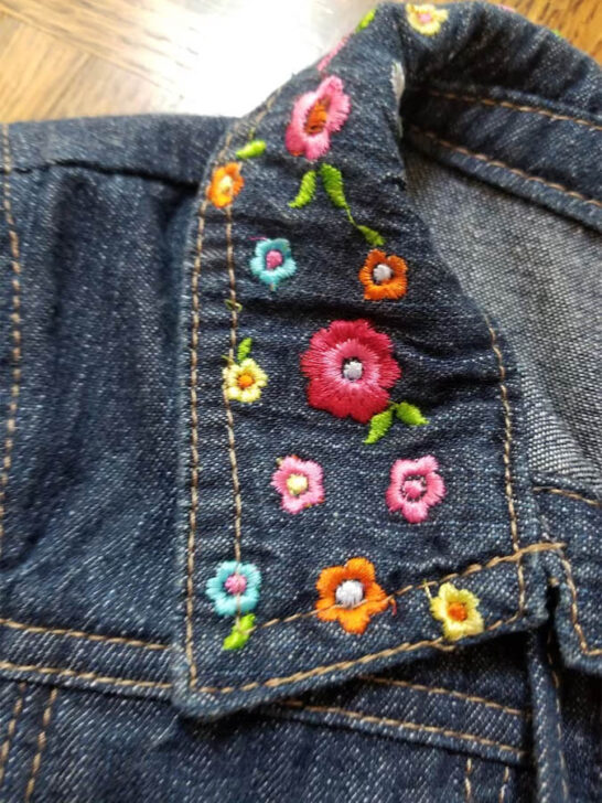 Girls' Denim Jacket with Colorful Floral Embroidery on Collar