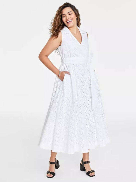 Macy's Women's Eyelet Collared Wrap Midi Dress