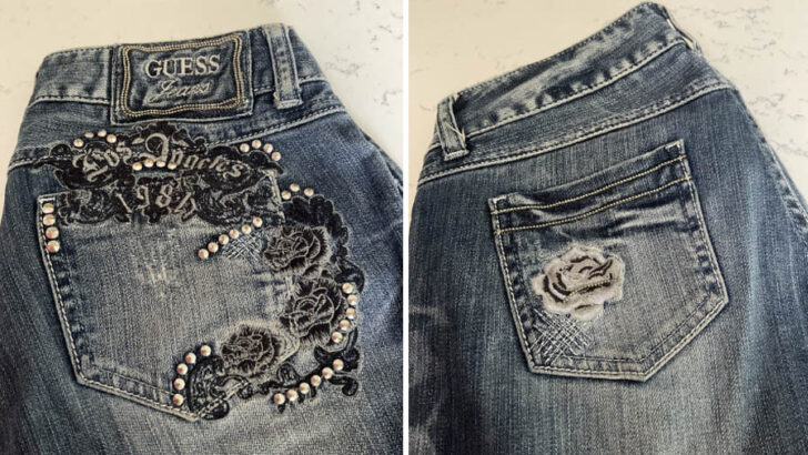 rose embroidery on denim jeans pocket