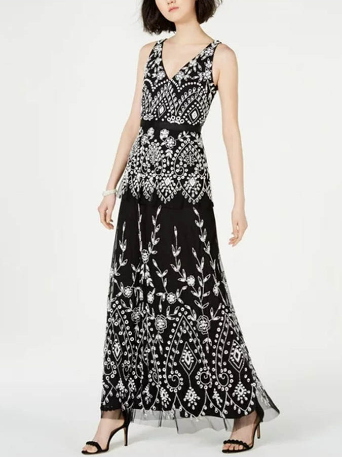 ADRIANNA PAPELL Womens Black Beaded Sleeveless