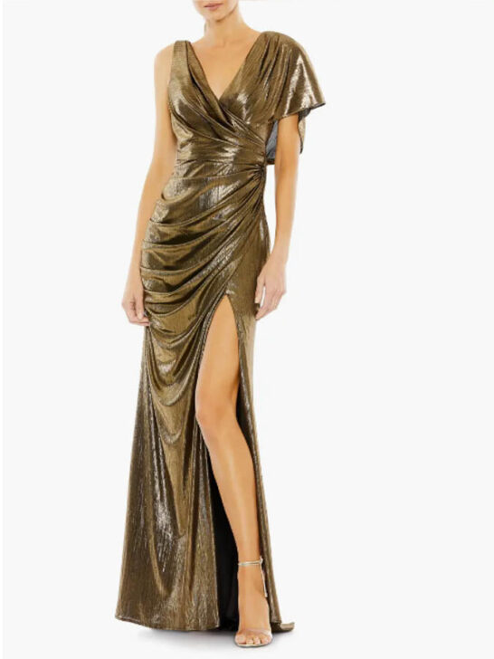 Ieena Metallic Draped Asymmetric Sheath Gown