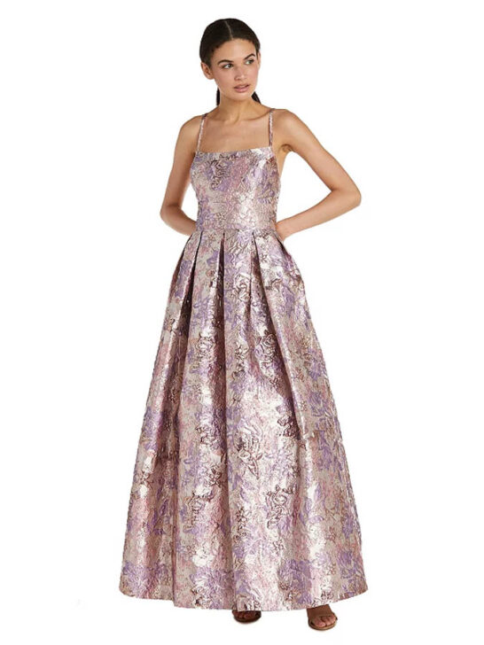 Juniors' Morgan and Co Metallic Open Back Fit & Flare Evening Gown