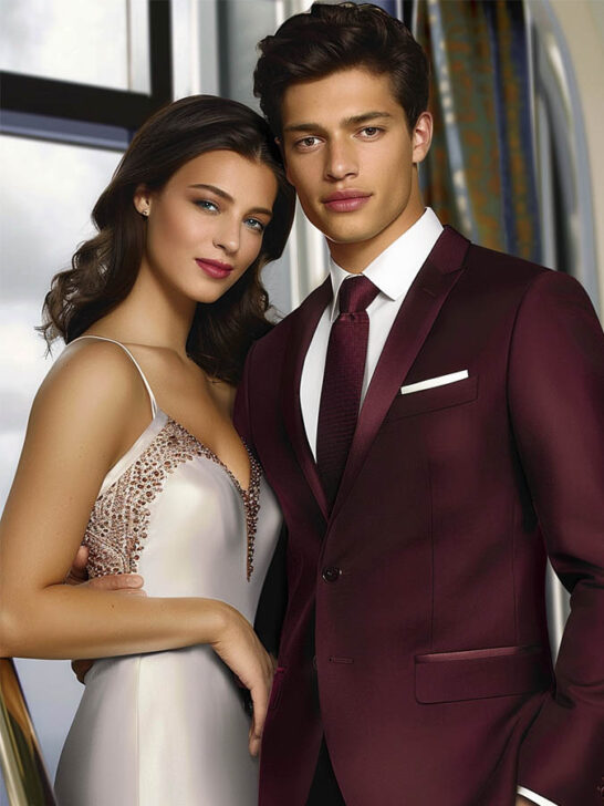 burgundy suit and white dress