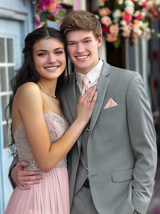 couple wearing a blush pink dress and gray suit