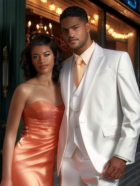 man in a white suit with a woman wearing a coral dress