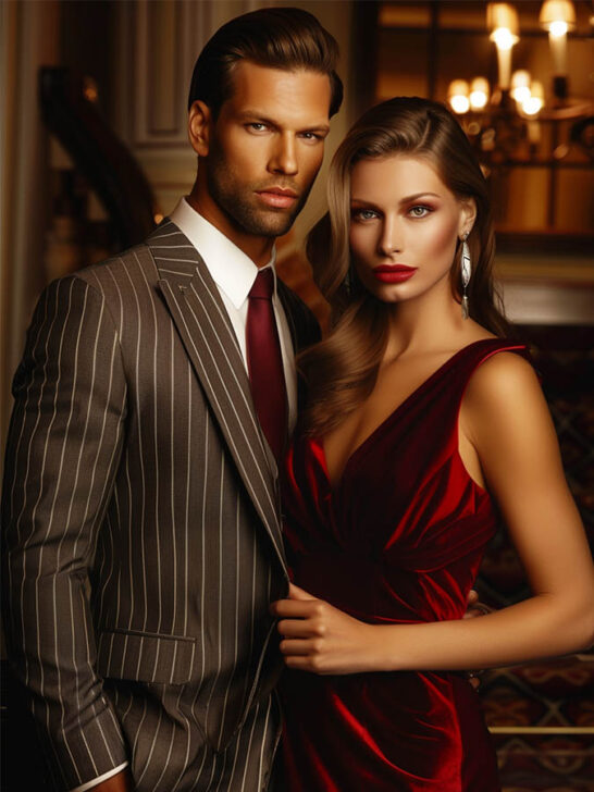 man wearing a pinstripe suit with woman with red dress