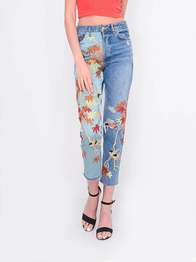 maple leaves deign embroidery on denim pants