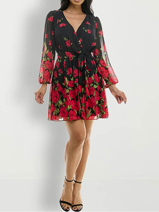 premier amour long sleeve floral fit flare dress