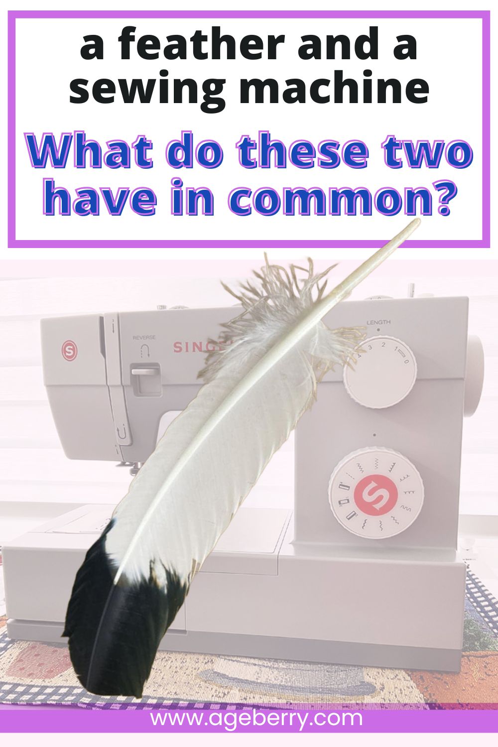 A large white and black bird feather placed in front of a sewing machine with text that reads, “A feather and a sewing machine – What do these two have in common?”
