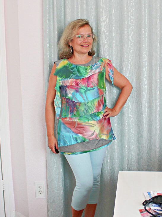 my dress after I remade it with silk scrap fabric