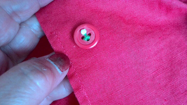 hand grasping a red button with flower design is prominently displayed against a redshirt