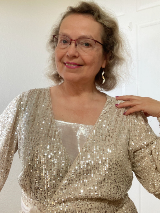 I am wearing a modesty panel I made with a wrap dress