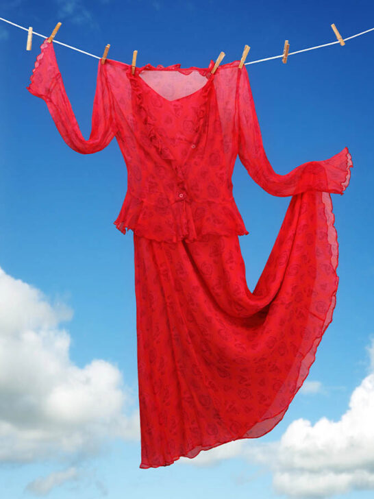 red dress hanging on a clothesline