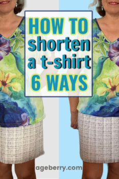 This image features a woman wearing a colorful t-shirt with a hummingbird and floral design. The text overlay reads, "How to shorten a t-shirt 6 ways" in bold blue and yellow-green fonts. The left side of the image shows the original longer t-shirt, while the right side displays the shortened version paired with a plaid skirt. The background is split into light blue and white sections, creating a clean and bright design. At the bottom, the website "ageberry.com" is displayed in gray text