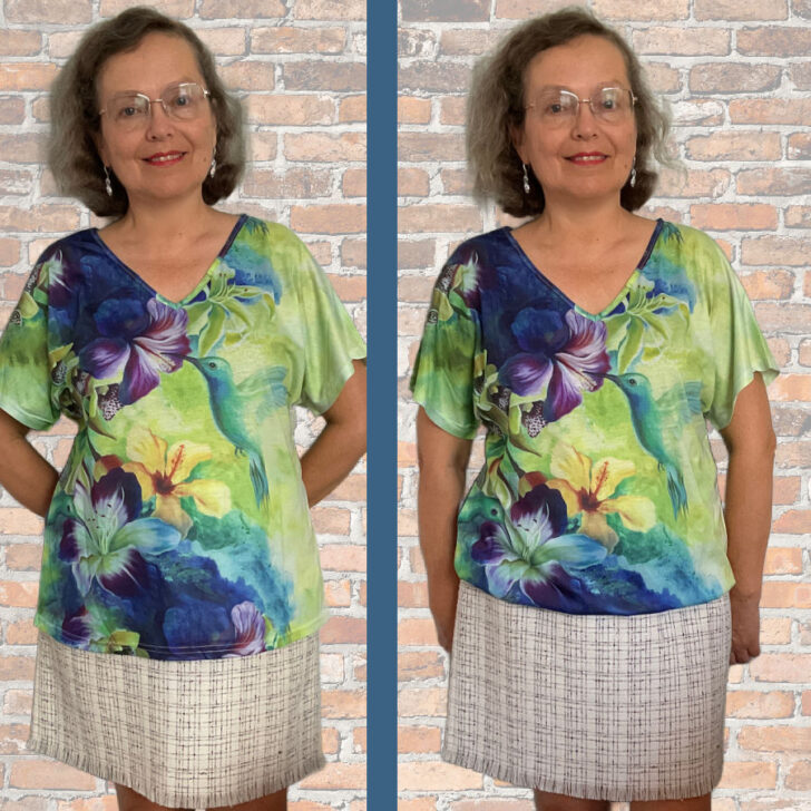 A before-and-after view of a green t-shirt with a hummingbird and floral design. On the left, the t-shirt is full-length, and on the right, it has been shortened for a more tailored appearance. The background is a light brick wall, enhancing the visual contrast.