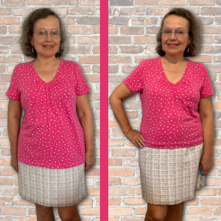 A pink polka-dotted t-shirt shown in a before-and-after comparison. On the left, the t-shirt is its original length, and on the right, it has been shortened. The alterations provide a fitted look, set against a brick wall background.
