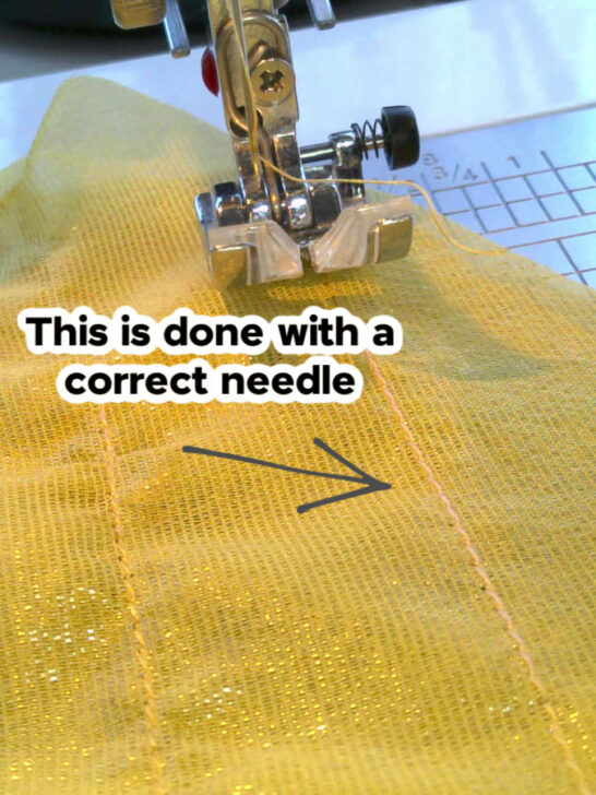 Smooth and even stitches on yellow silk chiffon after switching to a universal needle size 70/10, avoiding puckering and fabric damage.