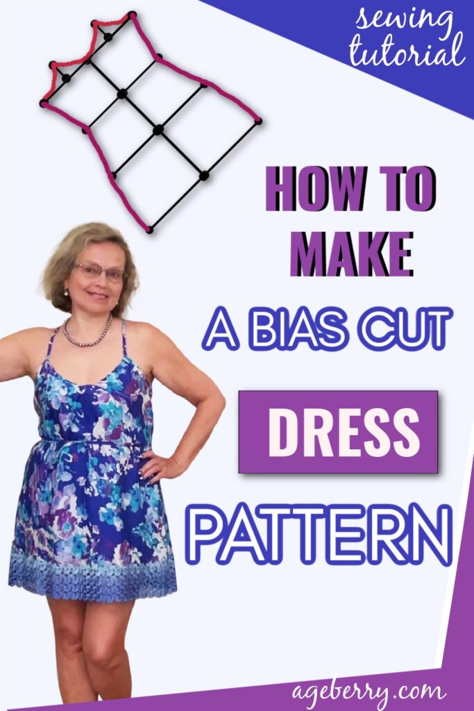 A floral bias-cut dress in shades of blue and purple, featured in a detailed fashion sewing tutorial on how to create and sew a bias-cut dress pattern.